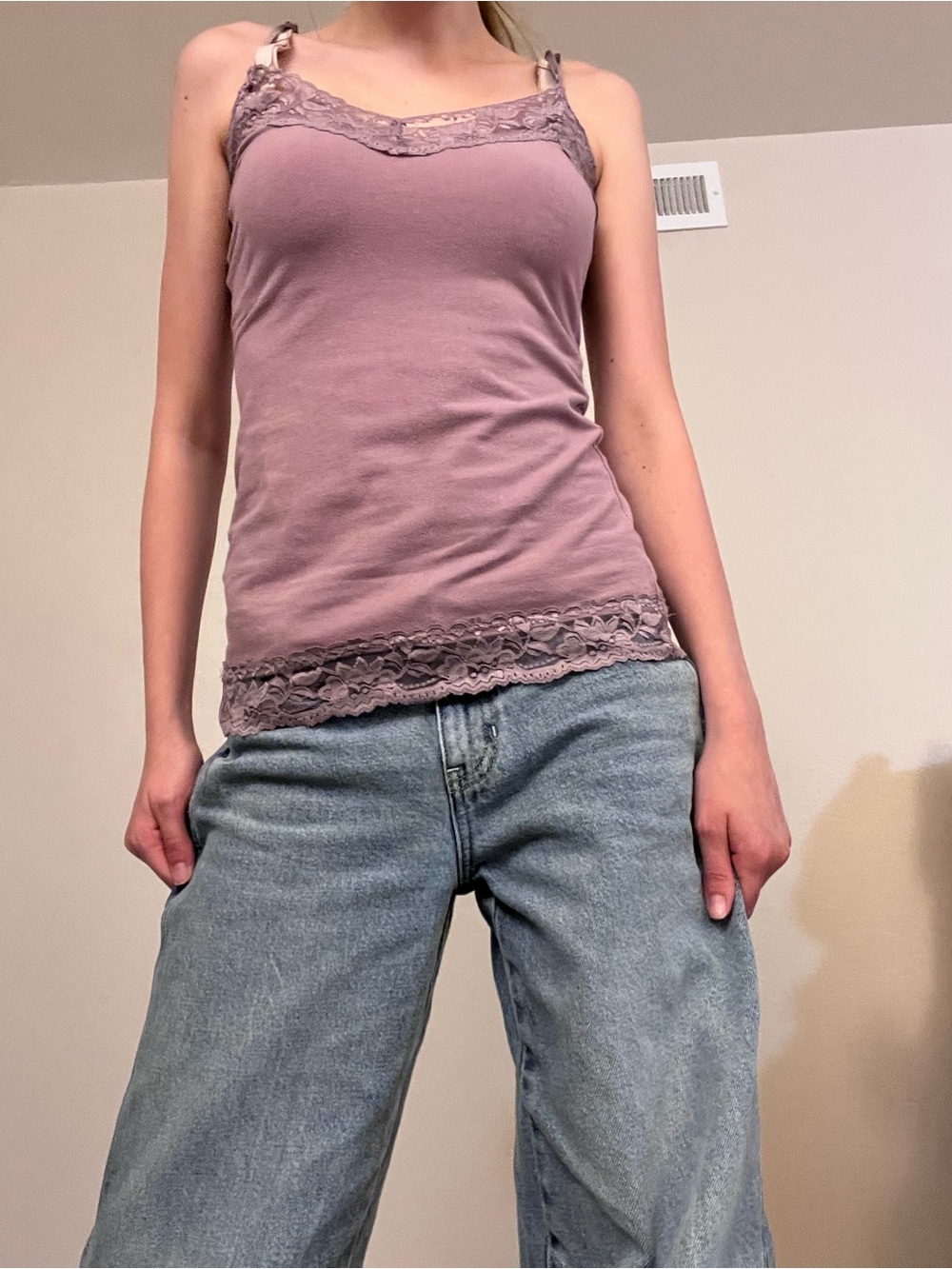 Y2K purple Charlotte Russe lace-trim camisole tank top size medium